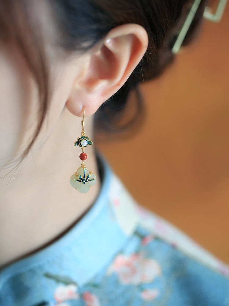 Four Leaf Clover Jade Earrings - Jade Jewelry -Silver earring -Sterling Silver Earrings -Silver Jewelry - ORIENTGEM