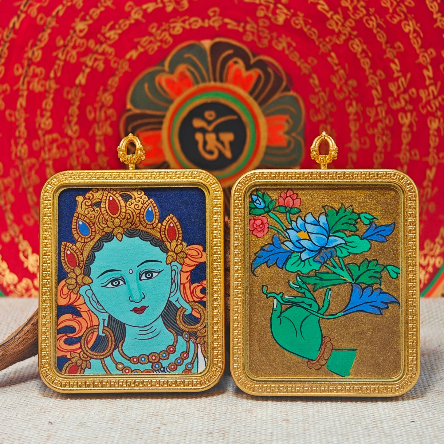 Hand - painted Regon Bodhisattva Tara Thangka Necklace + Handmade Rope - OrientGem