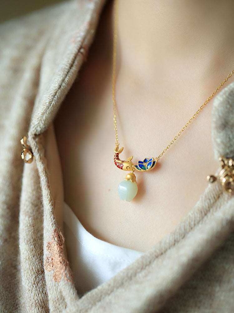 Koi Lotus Flower Jade Necklace|China chic Jade Jewelry - necklace - ORIENTGEM