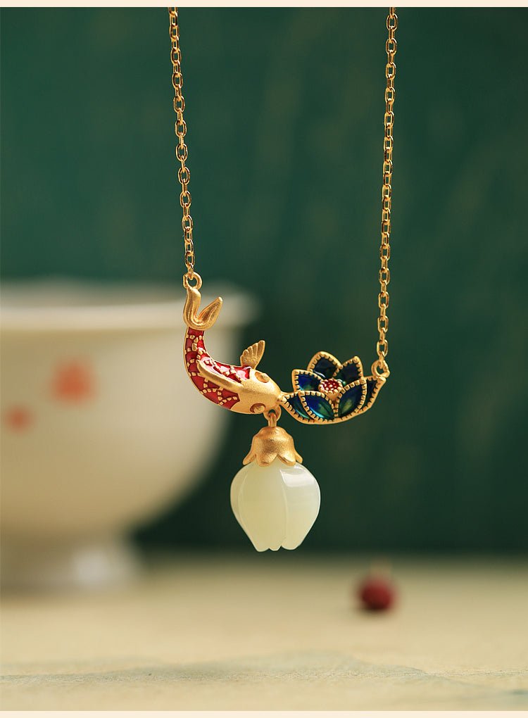 Koi Lotus Flower Jade Necklace|China chic Jade Jewelry - necklace - ORIENTGEM