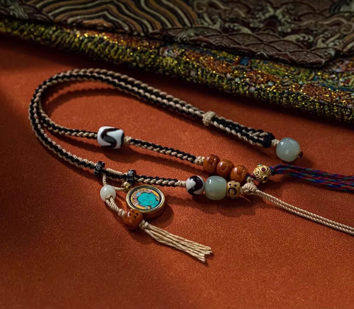 Tibetan - Style Dzi Bead with Handwoven Cord - necklace - ORIENTGEM