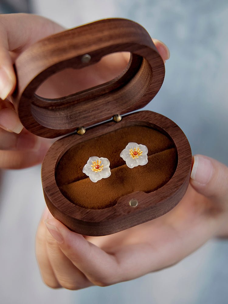 Wintersweet Jade Earring, detail view of the handcrafted natural stone earrings