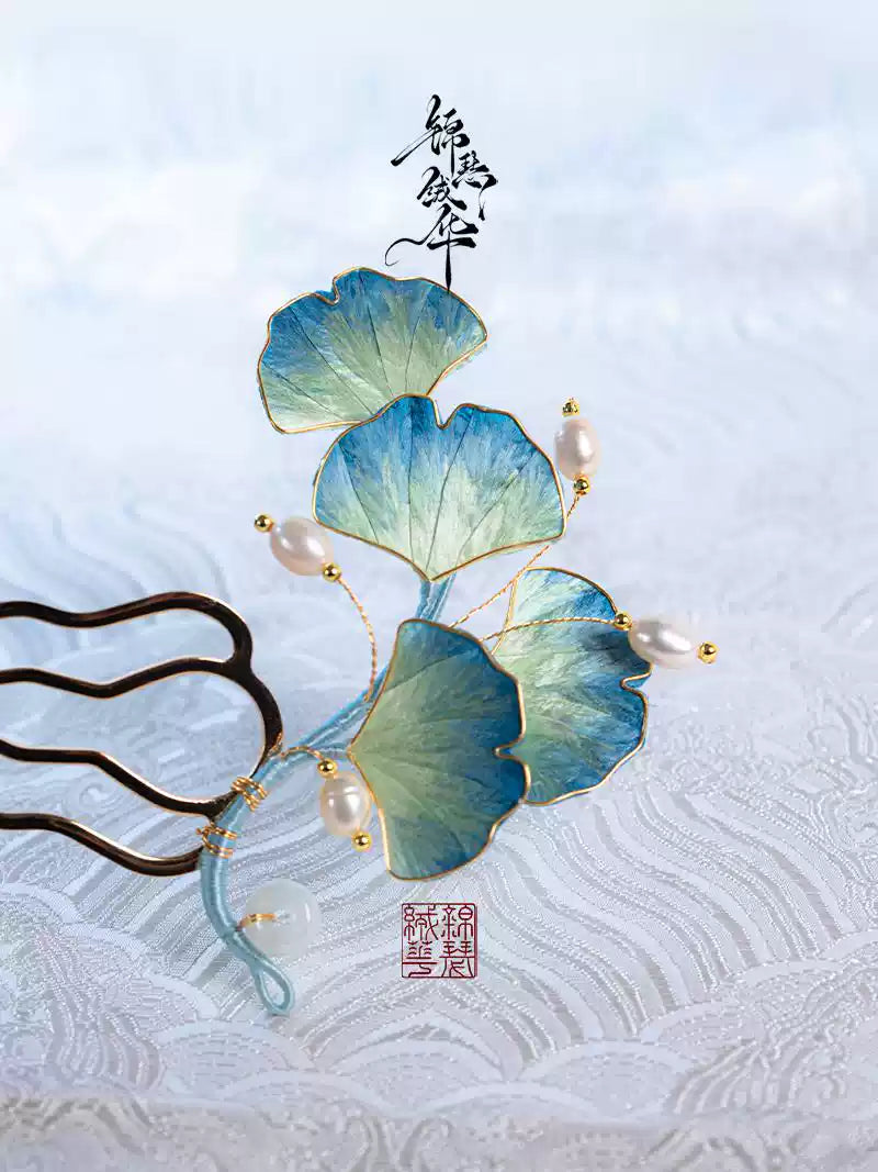 Shili Shuanghua Handmade Velvet Flower Ginkgo Hairpin - Chinese Heritage Craft Silk Hairpin - Hanfu Traditional Accessory - Antique Chinese Headpiece, handcrafted silk velvet flower hairpin in Chinese floral accessory