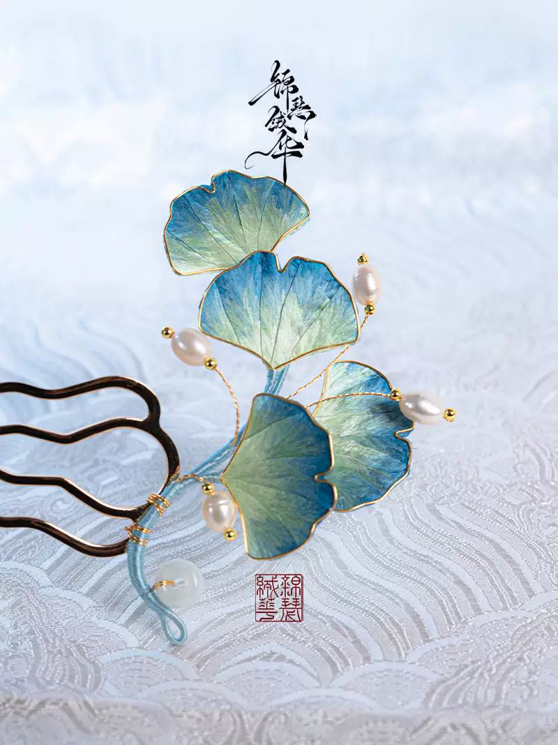 Shili Shuanghua Handmade Velvet Flower Ginkgo Hairpin - Chinese Heritage Craft Silk Hairpin - Hanfu Traditional Accessory - Antique Chinese Headpiece, detail view of the handcrafted silk velvet flower hairpin