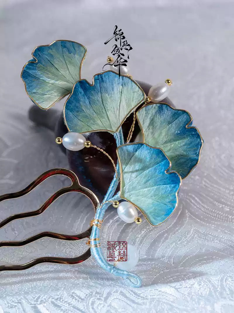Shili Shuanghua Handmade Velvet Flower Ginkgo Hairpin - Chinese Heritage Craft Silk Hairpin - Hanfu Traditional Accessory - Antique Chinese Headpiece, detail view of the handcrafted silk velvet flower hairpin