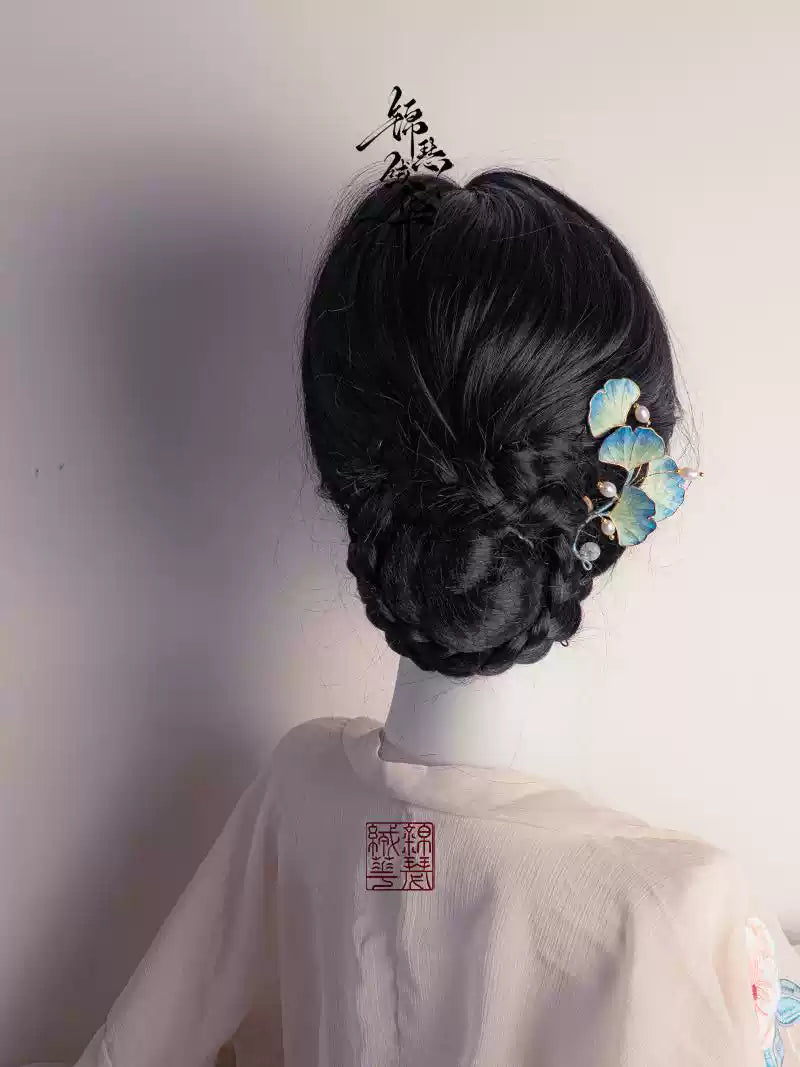 Shili Shuanghua Handmade Velvet Flower Ginkgo Hairpin - Chinese Heritage Craft Silk Hairpin - Hanfu Traditional Accessory - Antique Chinese Headpiece, detail view of the handcrafted silk velvet flower hairpin