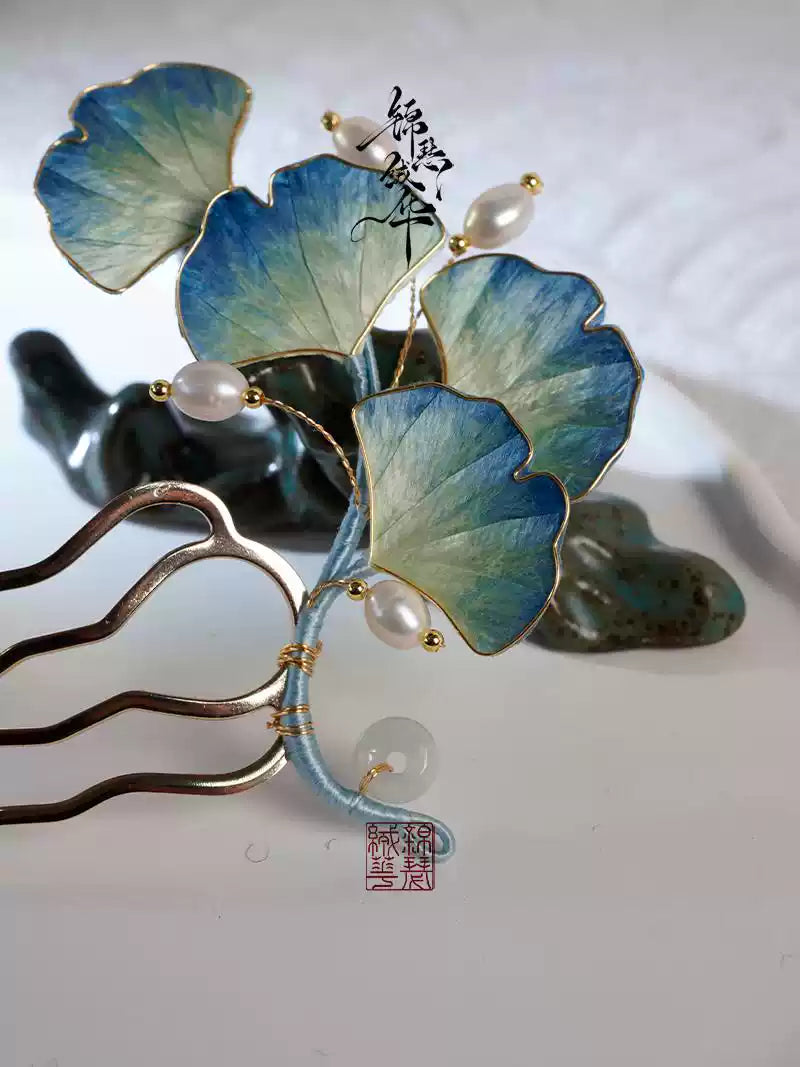 Shili Shuanghua Handmade Velvet Flower Ginkgo Hairpin - Chinese Heritage Craft Silk Hairpin - Hanfu Traditional Accessory - Antique Chinese Headpiece, alternate view of the handcrafted silk velvet flower hairpin