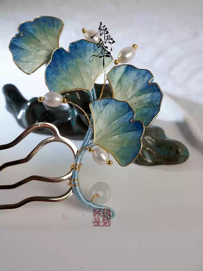 Shili Shuanghua Handmade Velvet Flower Ginkgo Hairpin - Chinese Heritage Craft Silk Hairpin - Hanfu Traditional Accessory - Antique Chinese Headpiece, alternate view of the handcrafted silk velvet flower hairpin