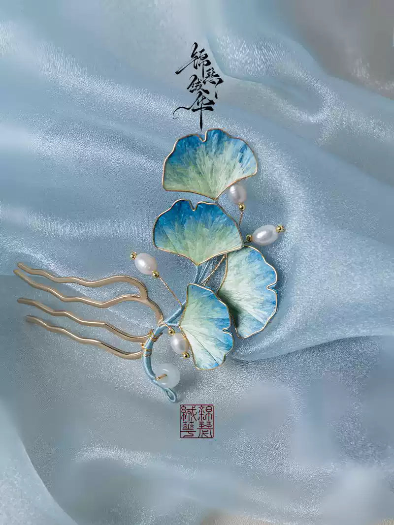 Shili Shuanghua Handmade Velvet Flower Ginkgo Hairpin - Chinese Heritage Craft Silk Hairpin - Hanfu Traditional Accessory - Antique Chinese Headpiece, detail view of the handcrafted silk velvet flower hairpin