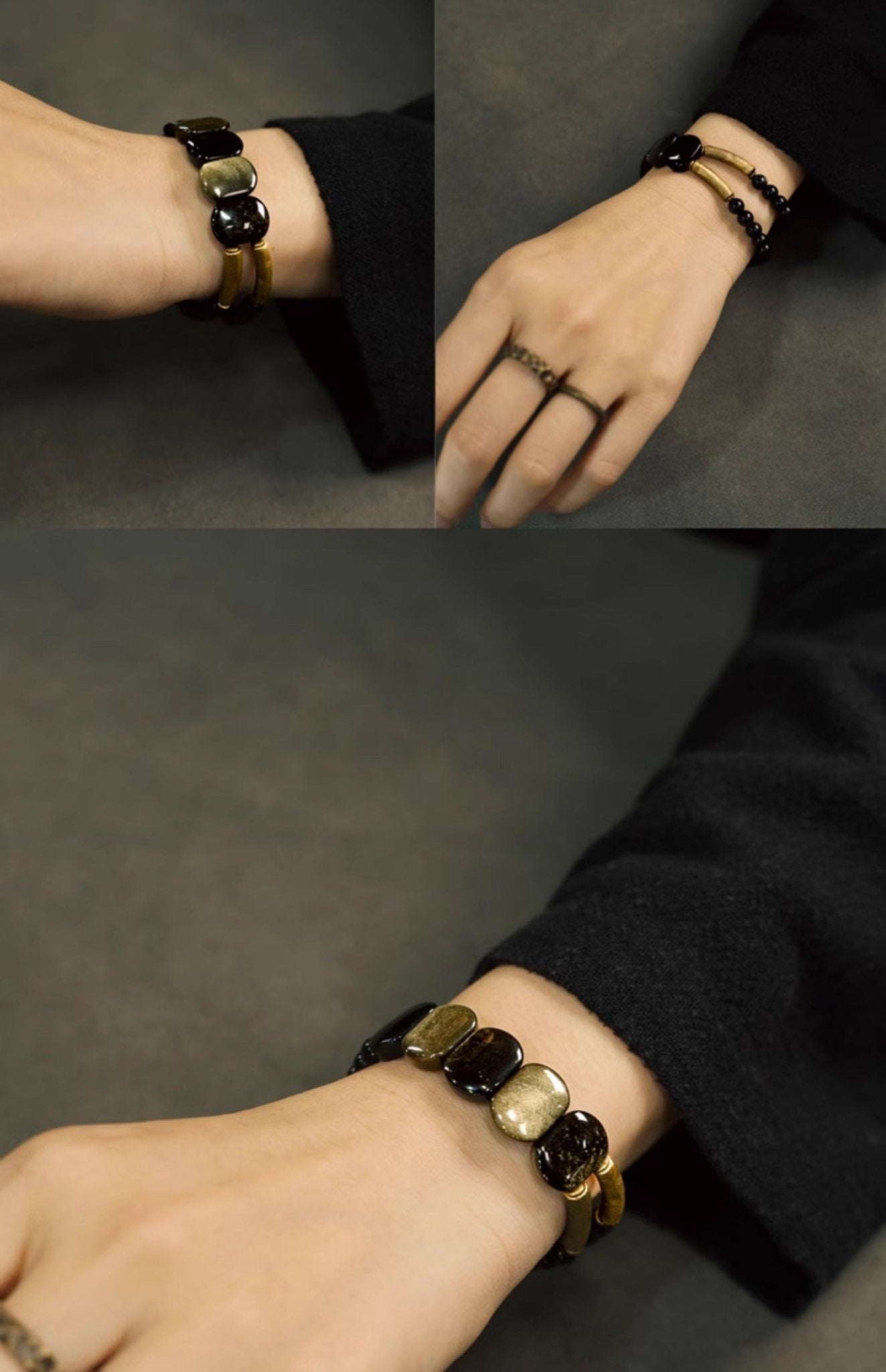 Chinese Cat's Eye Obsidian Bracelet, detail view of the handcrafted silver bracelet