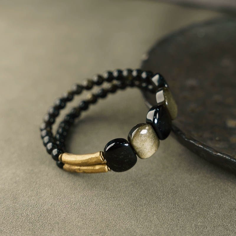 Chinese Cat's Eye Obsidian Bracelet, detail view of the handcrafted silver bracelet