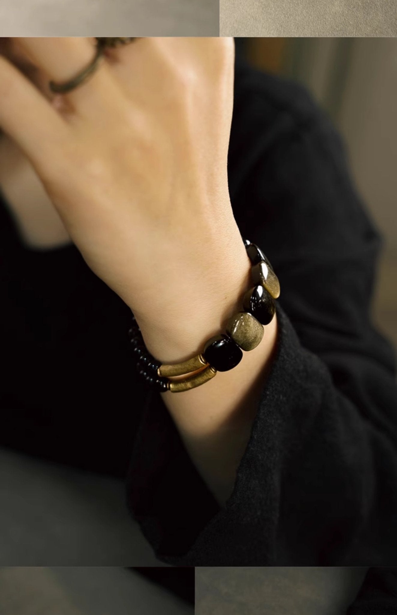 Chinese Cat's Eye Obsidian Bracelet, detail view of the handcrafted silver bracelet