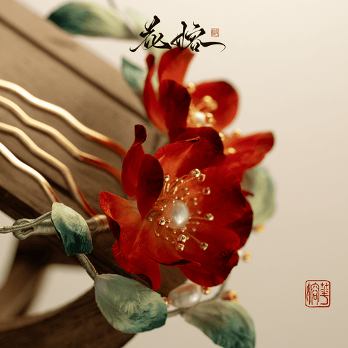 Crystal Heartache Velvet Flower, detail view of the handcrafted silk velvet flower hairpin