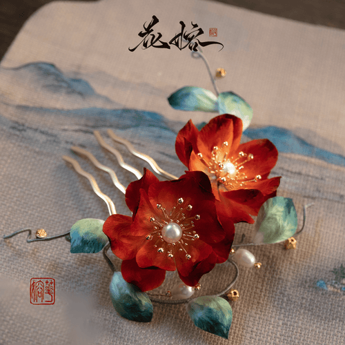 Crystal Heartache Velvet Flower, detail view of the handcrafted silk velvet flower hairpin