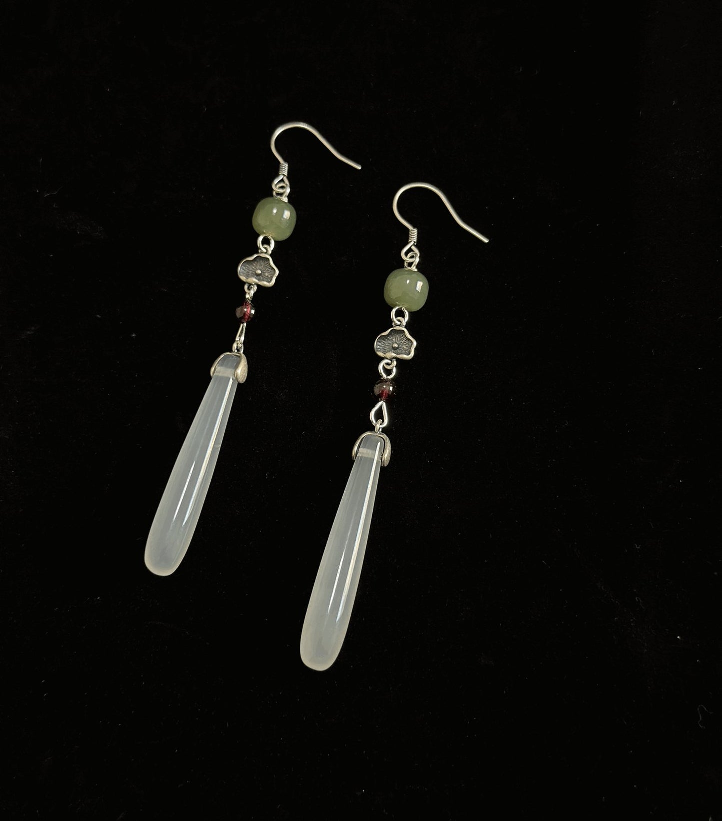 Egret Jade Earrings, handcrafted natural stone earrings in jade jewelry