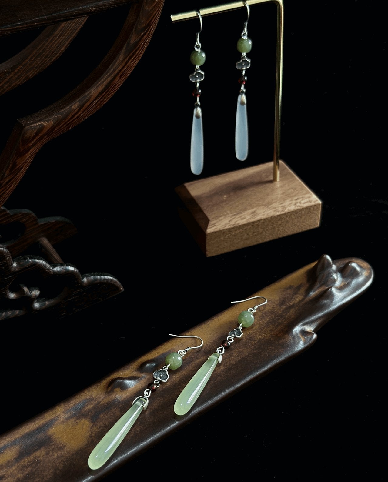 Egret Jade Earrings, detail view of the handcrafted natural stone earrings