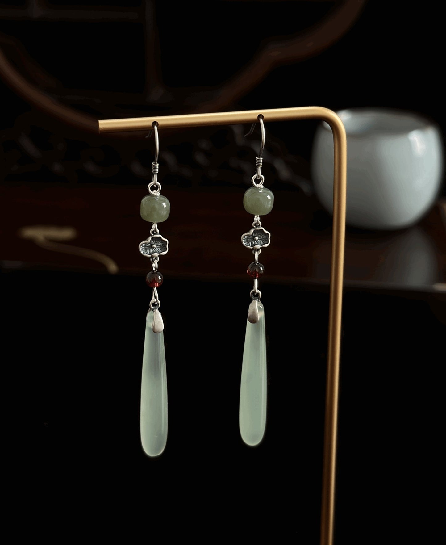 Egret Jade Earrings, alternate view of the handcrafted natural stone earrings