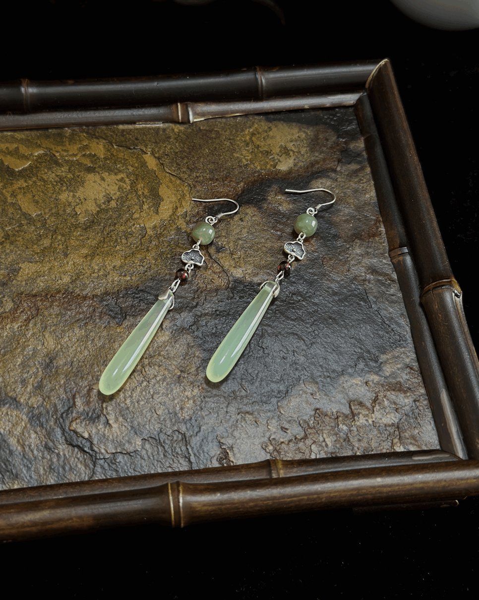 Egret Jade Earrings, detail view of the handcrafted natural stone earrings