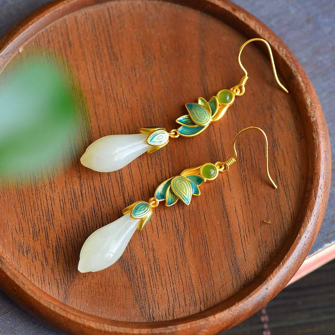 Flower Bud Jade, detail view of the handcrafted natural stone earrings