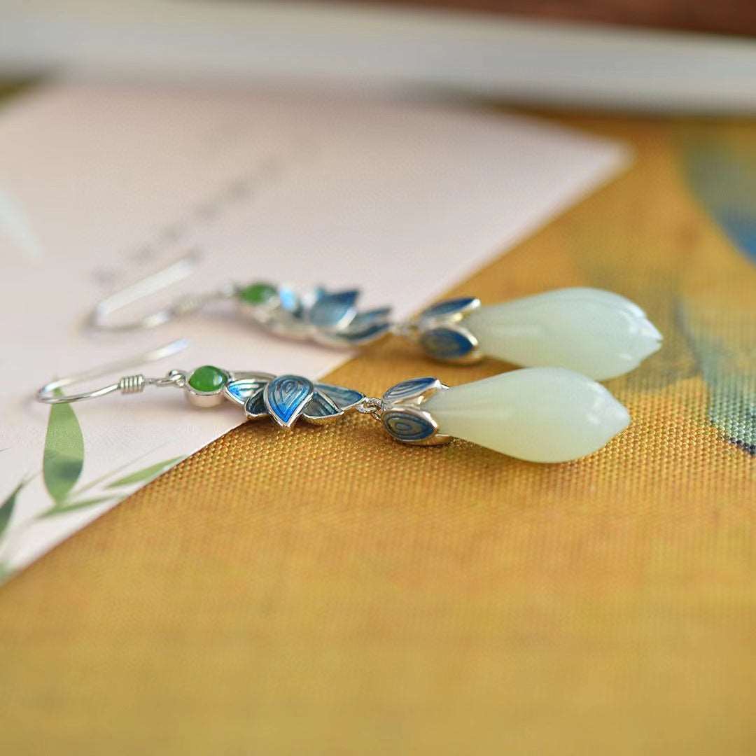 Flower Bud Jade, detail view of the handcrafted natural stone earrings