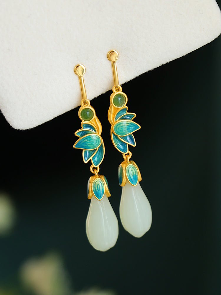 Flower Bud Jade, detail view of the handcrafted natural stone earrings