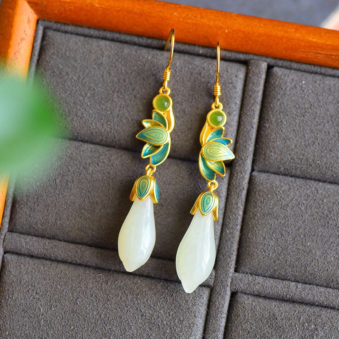 Flower Bud Jade, detail view of the handcrafted natural stone earrings