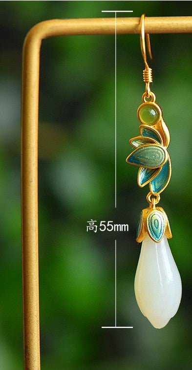 Flower Bud Jade, detail view of the handcrafted natural stone earrings
