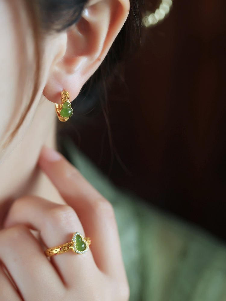 Gourd Circuit Jade Earrings | Jade Jewelry | Gold Plated Jewelry - OrientGem