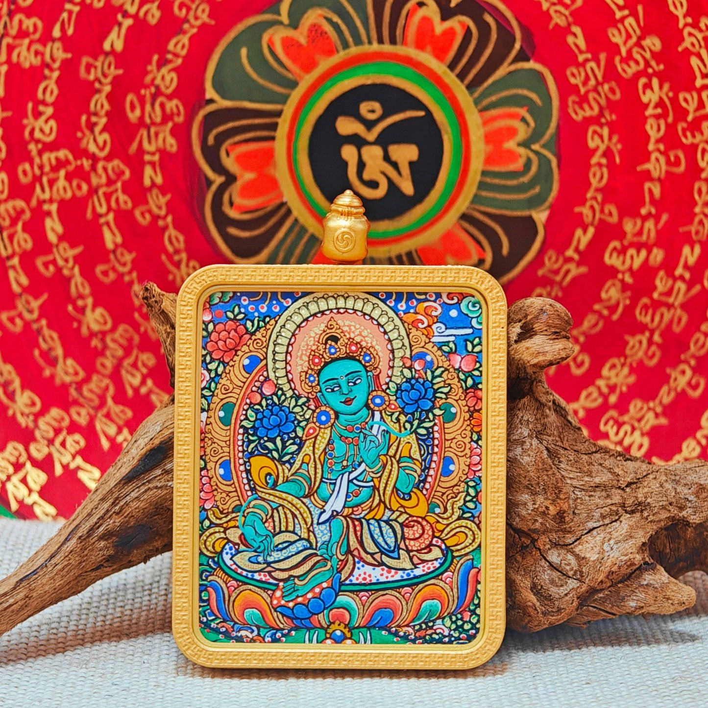 Hand - painted Regon Bodhisattva Tara Thangka Necklace + Handmade Rope - OrientGem