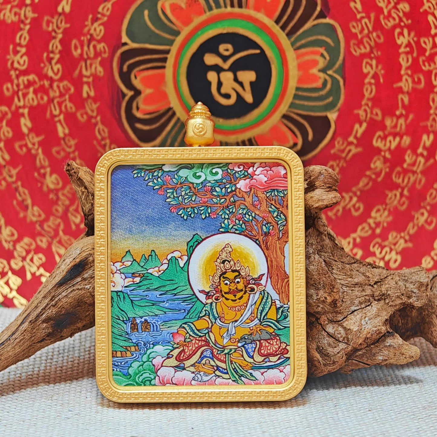 Hand - painted Regon Yellow Jambhala Thangka Necklace - OrientGem