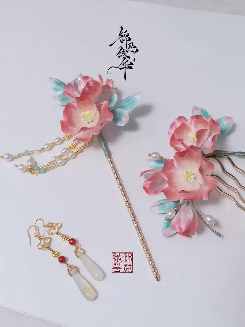 Hanlu & Jushuang Handmade Silk Velvet Flower Hair Accessories, detail view of the handcrafted silk velvet flower hairpin