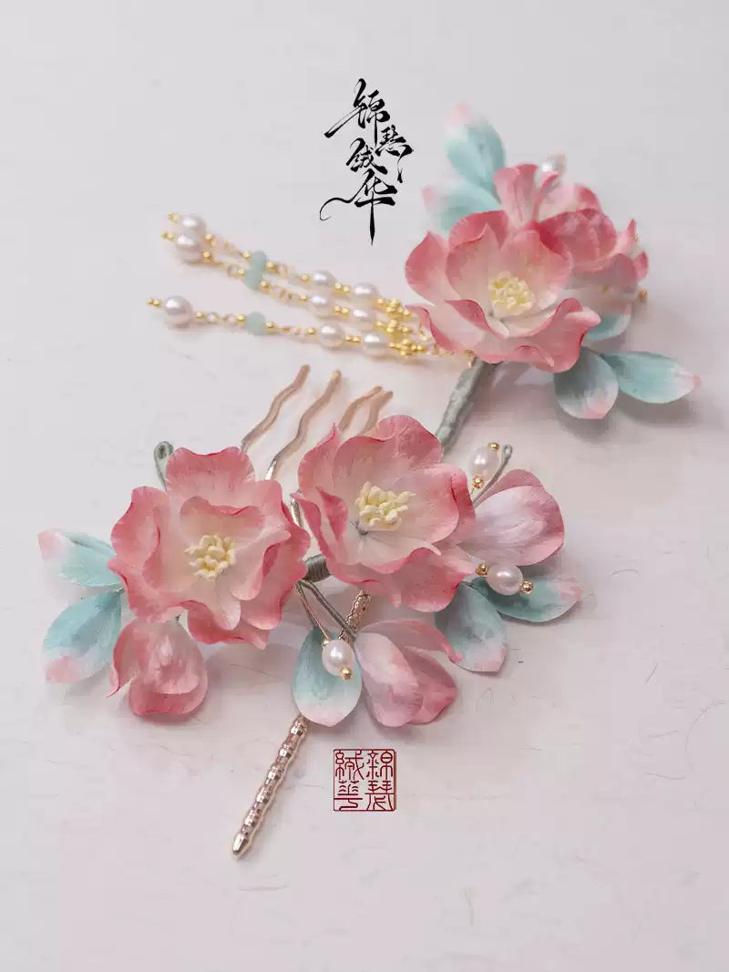 Hanlu & Jushuang Handmade Silk Velvet Flower Hair Accessories, detail view of the handcrafted silk velvet flower hairpin