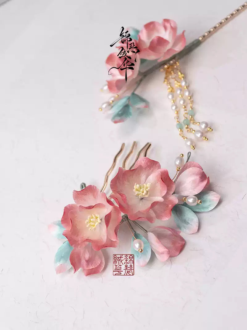 Hanlu & Jushuang Handmade Silk Velvet Flower Hair Accessories, detail view of the handcrafted silk velvet flower hairpin
