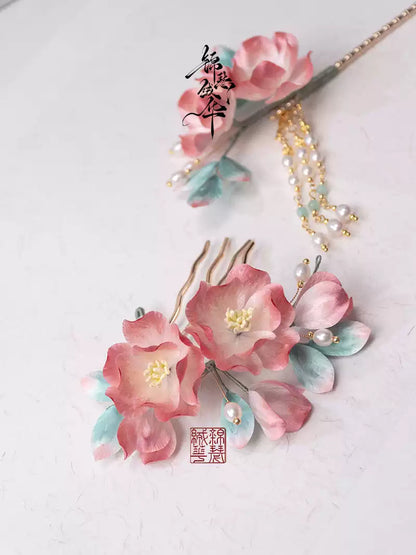 Hanlu & Jushuang Handmade Silk Velvet Flower Hair Accessories, detail view of the handcrafted silk velvet flower hairpin