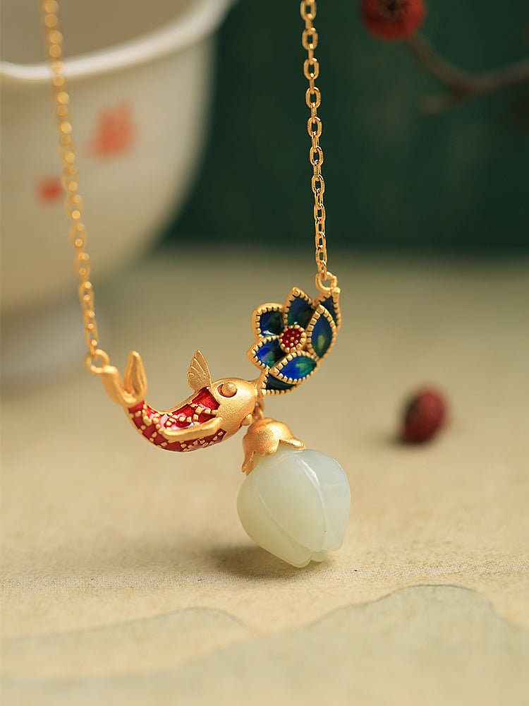 Koi Lotus Flower Jade Necklace｜China chic Jade Jewelry - OrientGem