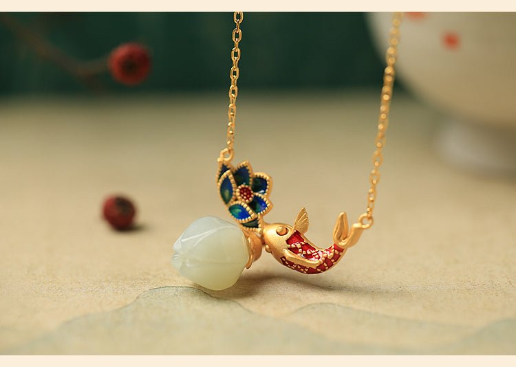 Koi Lotus Flower Jade Necklace｜China chic Jade Jewelry - OrientGem