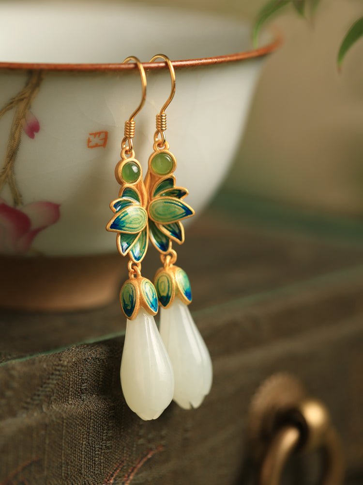 Magnolia Flower Jade Earrings | Jade Jewelry - OrientGem