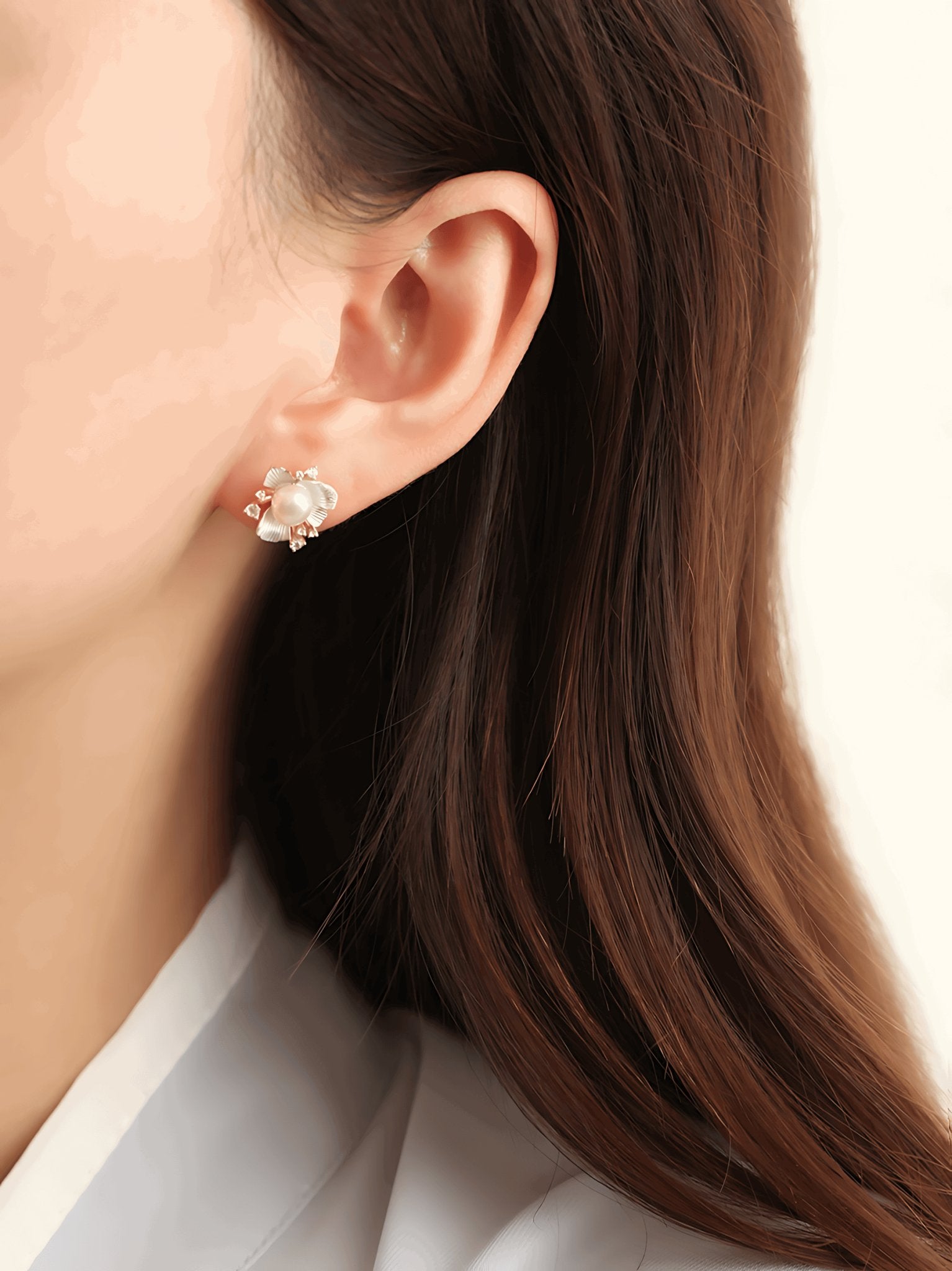 Pearl Flower Gold Plated Earrings, detail view of the handcrafted pearl earrings