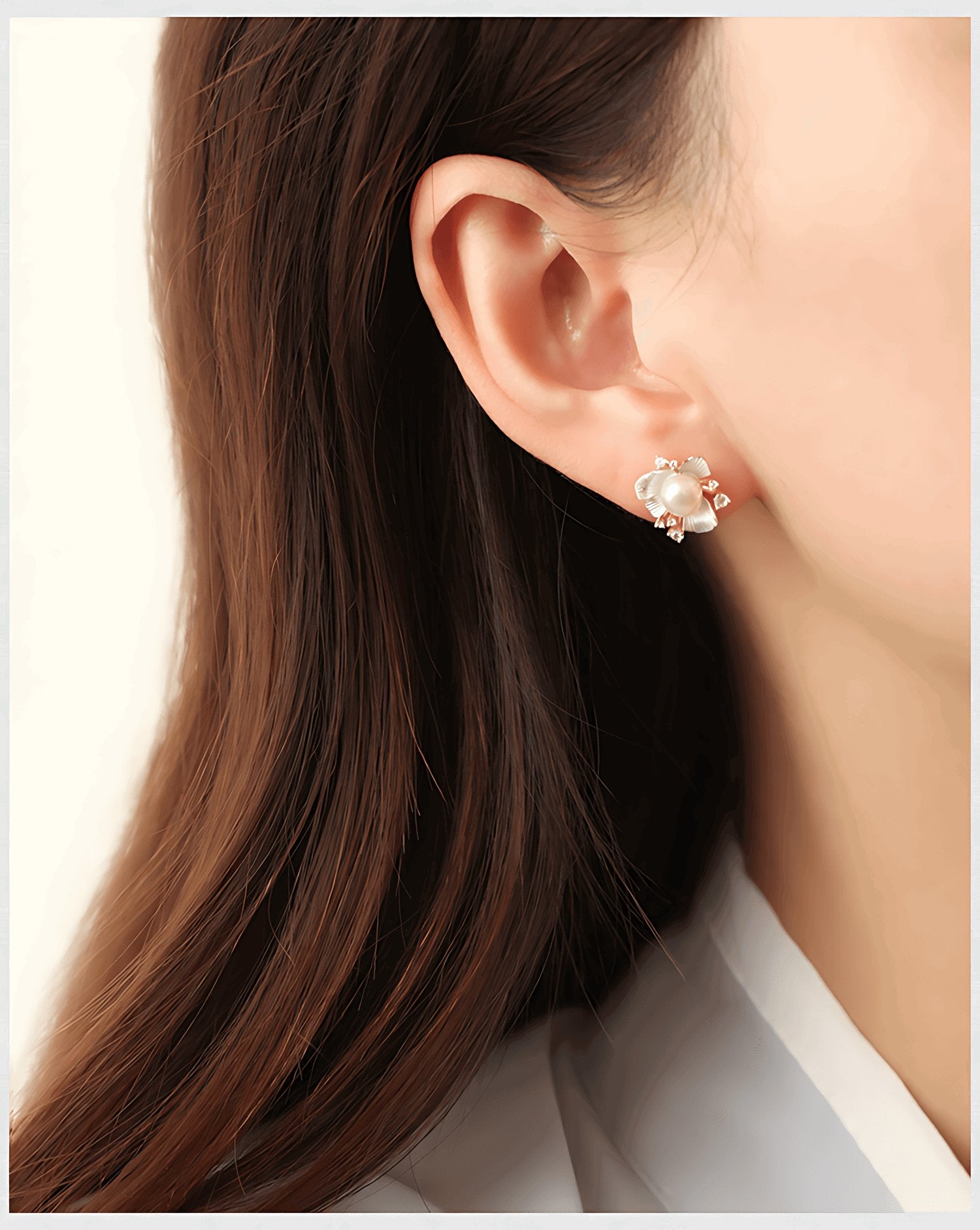 Pearl Flower Gold Plated Earrings, detail view of the handcrafted pearl earrings