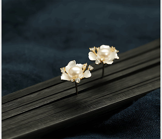 Pearl Flower Gold Plated Earrings - earrings - ORIENTGEM