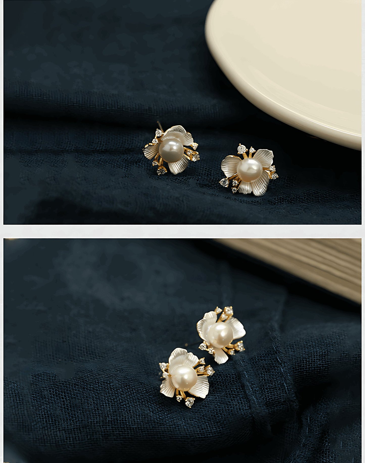 Pearl Flower Gold Plated Earrings, detail view of the handcrafted pearl earrings