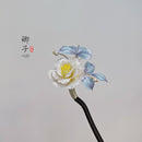 QianXiangYin Velvet Flower Hairpin, detail view of the handcrafted silk velvet flower hairpin