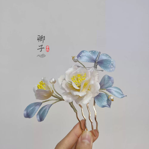 QianXiangYin Velvet Flower Hairpin, detail view of the handcrafted silk velvet flower hairpin
