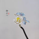 QianXiangYin Velvet Flower Hairpin, detail view of the handcrafted silk velvet flower hairpin