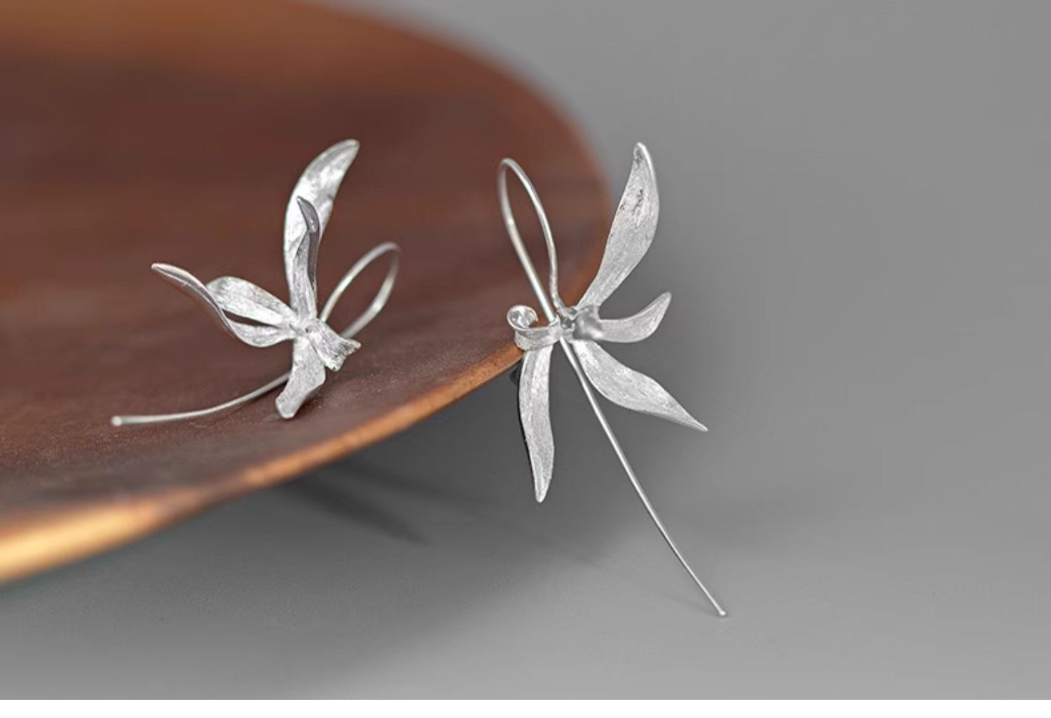 Quiet Orchid Earrings, detail view of the handcrafted silver earrings