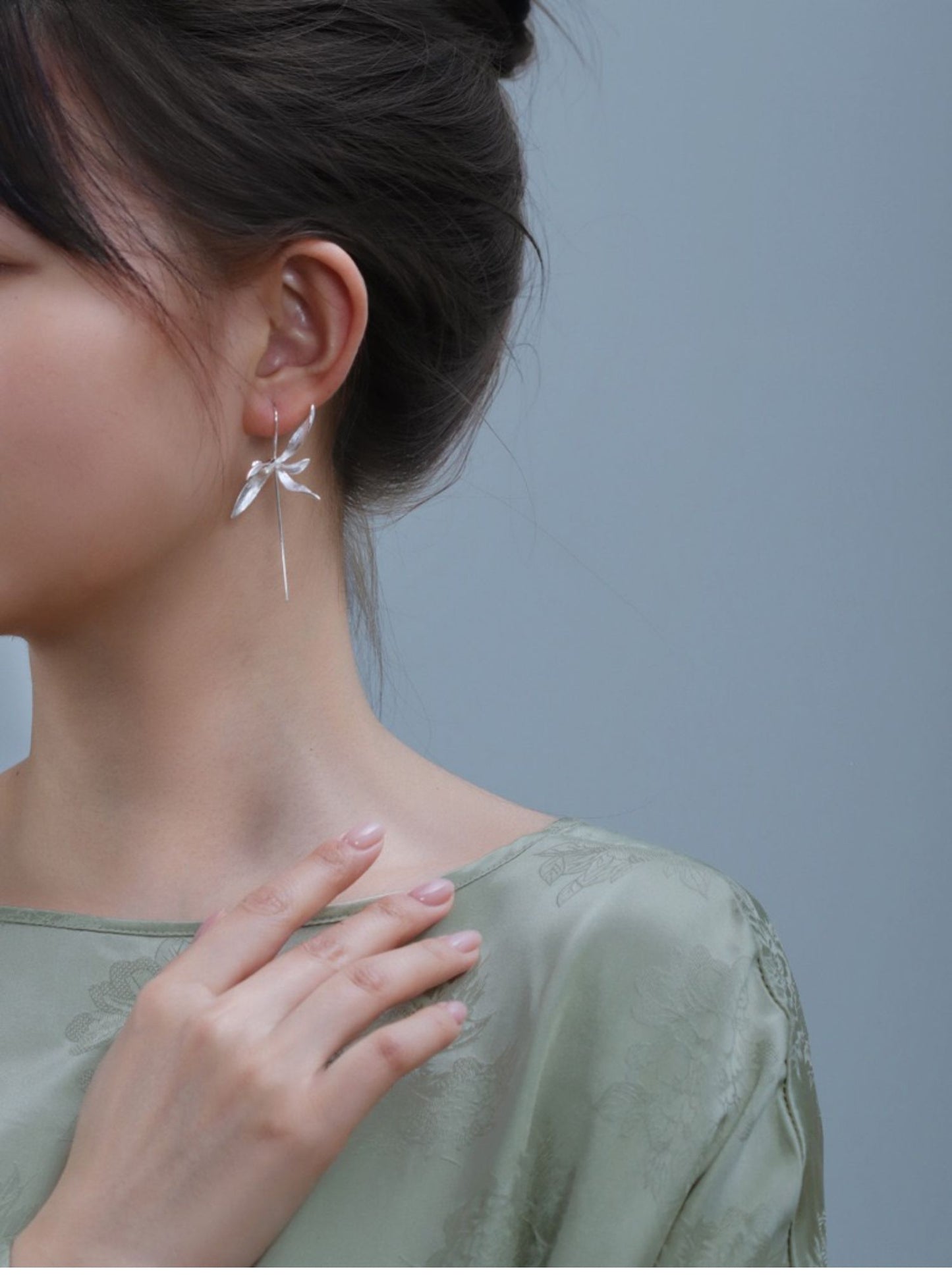 Quiet Orchid Earrings, detail view of the handcrafted silver earrings