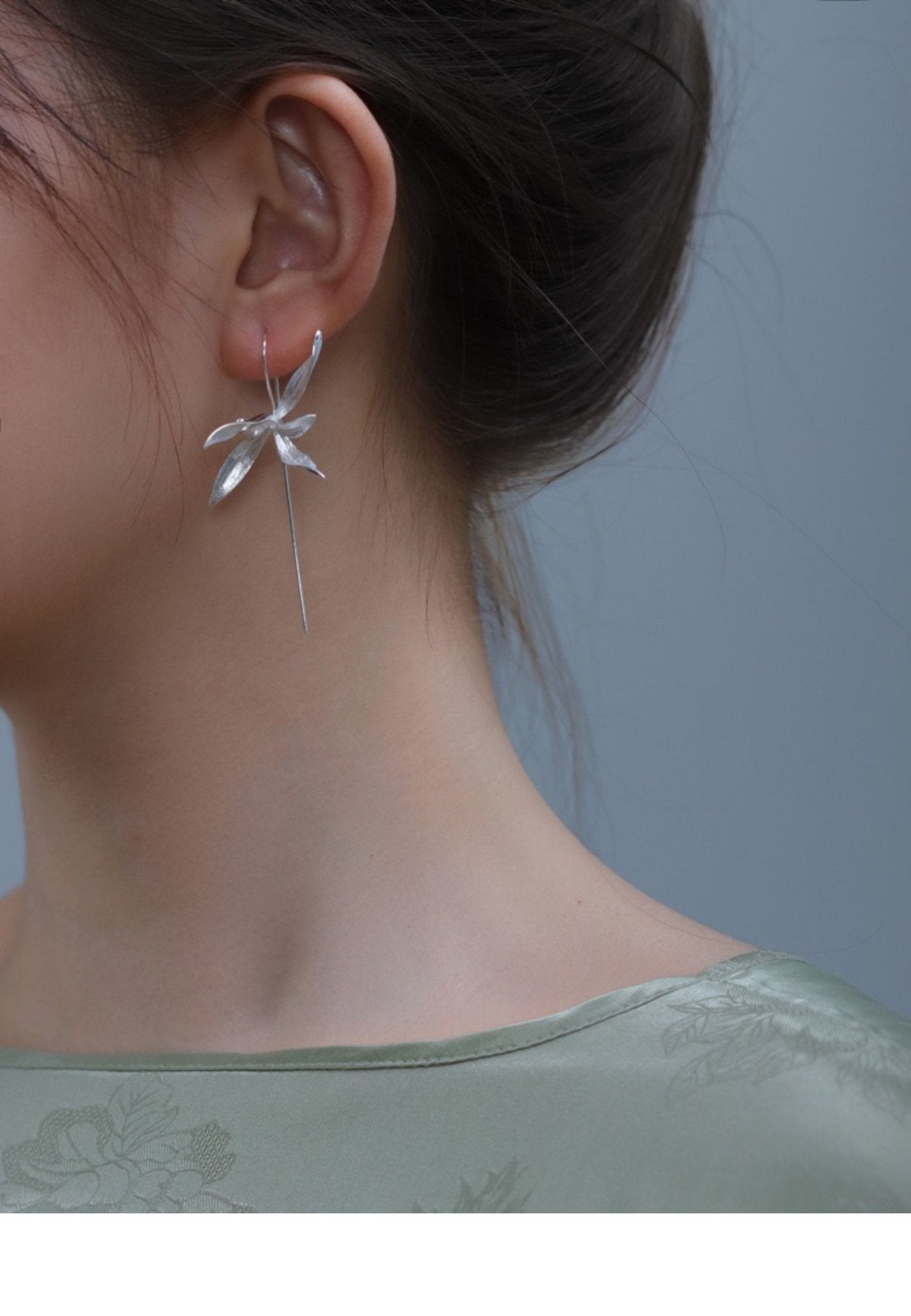 Quiet Orchid Earrings, detail view of the handcrafted silver earrings