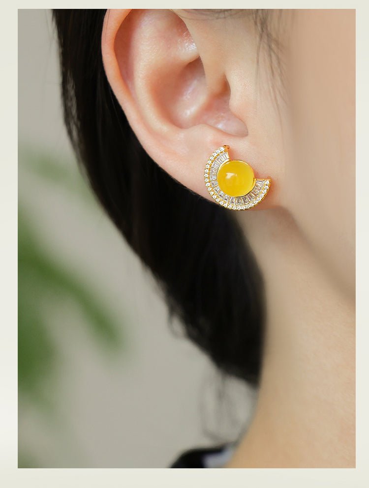 Semicircular Beeswax Earrings | Gemstone Jewelry, alternate view of the handcrafted natural stone earrings