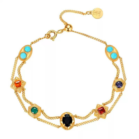 Seven - Color Natural Gemstone Double - Layer S925 Sterling Silver Bracelets - Bracelets - ORIENTGEM